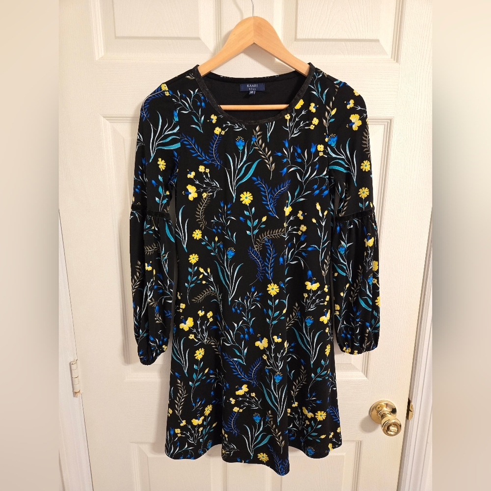 Black And Blue Floral Women's Dress Kaari Blue Size XS Long Sleeves